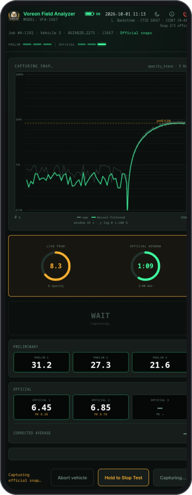Voreon Field Analyzer snap pane during official snap 2 of 3: live opacity trace, live-peak and official-window gauges, three preliminary readings, two official readings