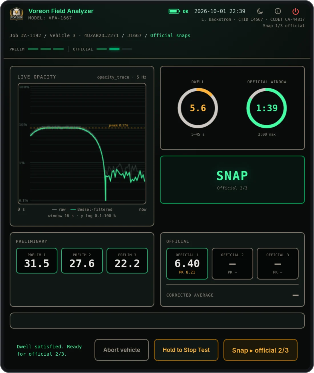 Voreon Field Analyzer snap pane between official snaps: live opacity trace, dwell and official-window gauges, three preliminary readings, official 1 recorded, ready for official 2 of 3